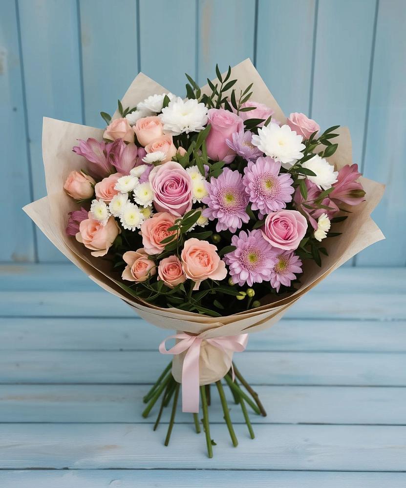 Букет цветов из: Хризантемы, Розы и Альстромерии в Новый